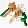 Wooden Outdoor Playground Equipment With Green Slide Swings And Playhouse Structure