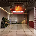 Japanese Restaurant With Lattice Wall Potted Pine Blue White Vases Red Ceiling And Stone Landscape