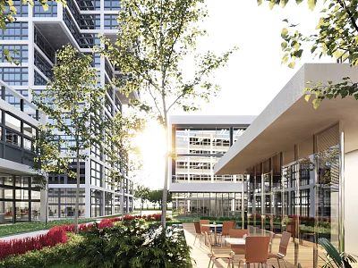 Modern Office Building With Glass Facade Lush Greenery Outdoor Seating And Sunlit Courtyard 3d model