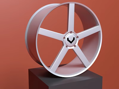 Silver Wheel Rim with Five Spoke Design and Black Logo on Pedestal against Orange Background 3d model