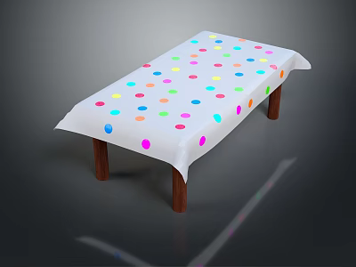 Table Covered With Colorful Polka Dot Tablecloth And Wooden Legs Design 3d model