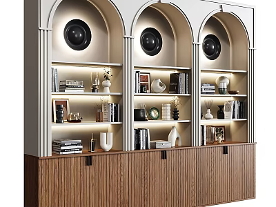 Arched Bookshelf With White Frame Wooden Base LED Lighting Books And Decorative Items 3d model
