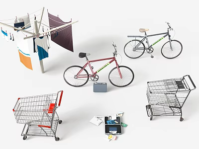 Scene With Clothesline Bikes Shopping Carts And Tools 3d model