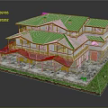 Cartoon Style House With Green Roof Multiple Floors Balcony And Grass Area