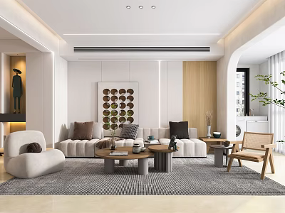 Modern Living Room With Sofa Coffee Table Rug Armchair Decorative Wall Art And Green Plant 3d model