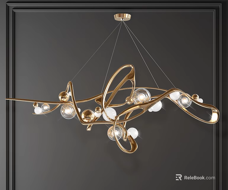 Elegant Gold Curved Chandelier With Spherical Bulbs Modern Interior Design 3d model 