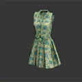 Sleeveless Belted Dress With Light Green Beige And Blue Patterns A Line Skirt