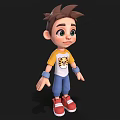 Cartoon Boy With Brown Hair Big Eyes Yellow Sleeved White T-shirt Blue Pants Red Shoes