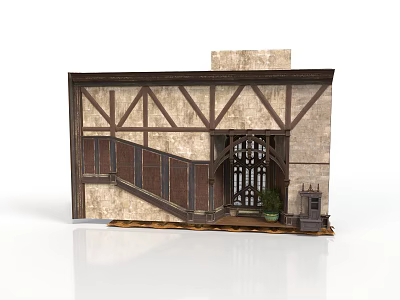 Medieval Style Building Facade With Wooden Frames Stone Walls Arched Door And Staircase 3d model
