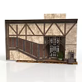 Medieval Style Building Facade With Wooden Frames Stone Walls Arched Door And Staircase