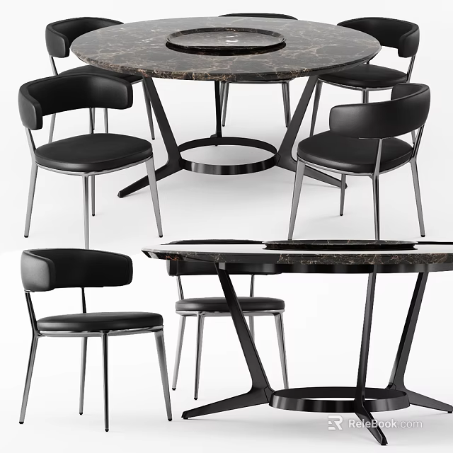 Modern Round Marble Dining Table Set with Black Chairs and Metal Legs 3d model 