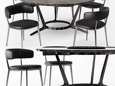 Modern Round Marble Dining Table Set with Black Chairs and Metal Legs 3d model