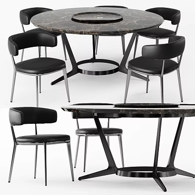 Modern Round Marble Dining Table Set with Black Chairs and Metal Legs 3d model