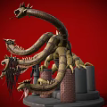 Golden Multi Headed Dragon Sculpture On Red Background With Tower Structure And Decorative Head Details