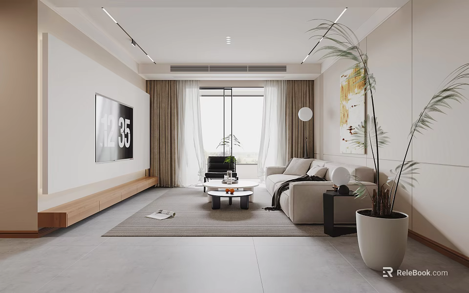 Modern Living Room Interior With TV Sofa Coffee Table And Plants 3d model 