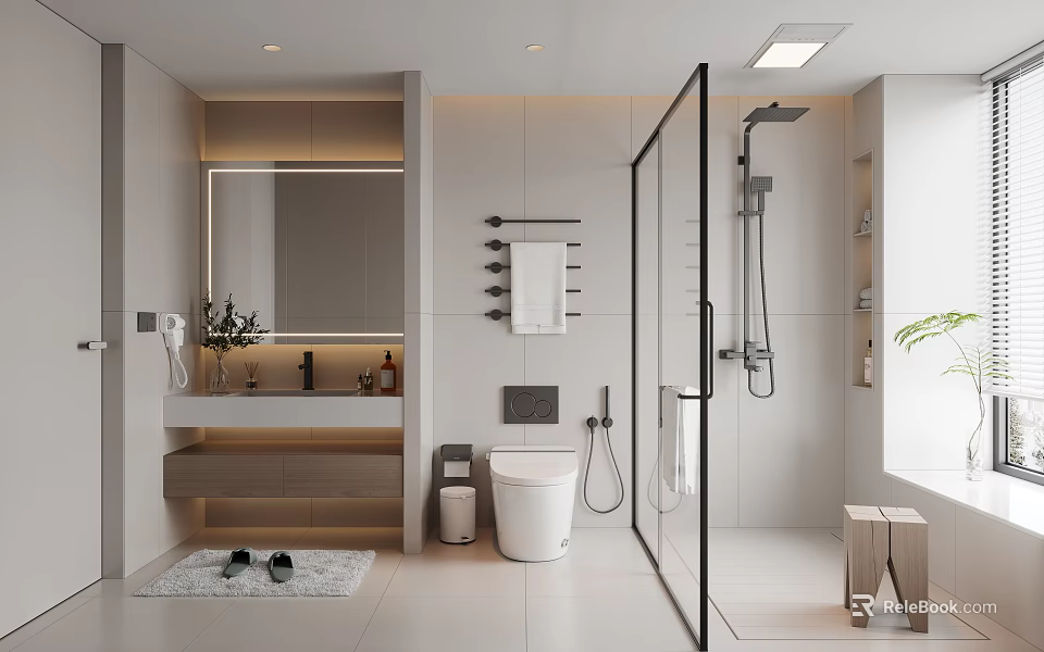 Modern Bathroom Interior Design With Glass Shower White Toilet Vanity Mirror And Storage 3d model 