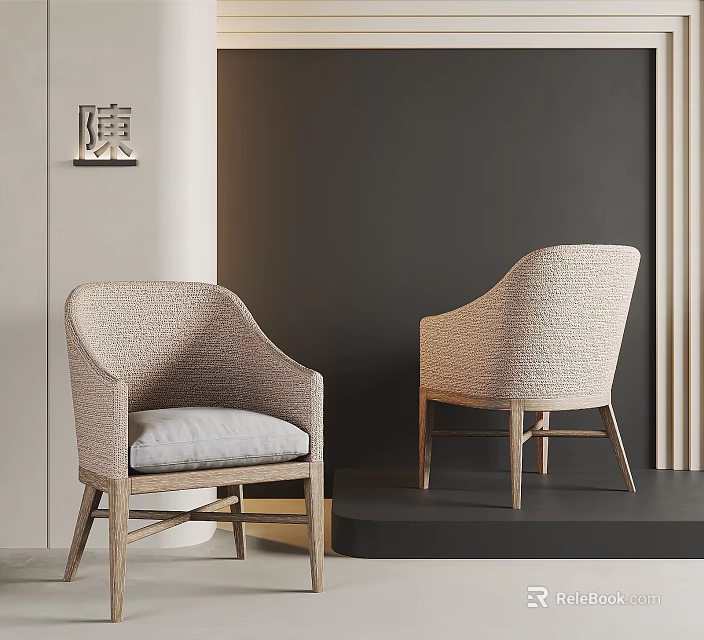 Light Beige Woven Single Sofa With Wooden Legs Against Dark Gray Wall 3d model 