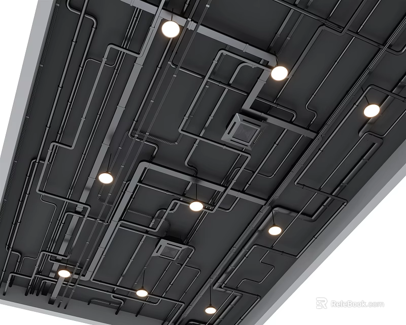 Modern Ceiling Design With Black Grid Lines And Recessed Lights 3d model 