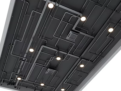 Modern Ceiling Design With Black Grid Lines And Recessed Lights 3d model