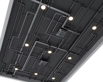 Modern Ceiling Design With Black Grid Lines And Recessed Lights 3d model