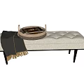 Beige Button Tufted Upholstered Bench with Black Wooden Legs Black Fringed Throw and Metal Tray