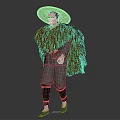 A Man With Large Straw Hat Brown Furry Shawl Gray Clothing And Two Different Angles