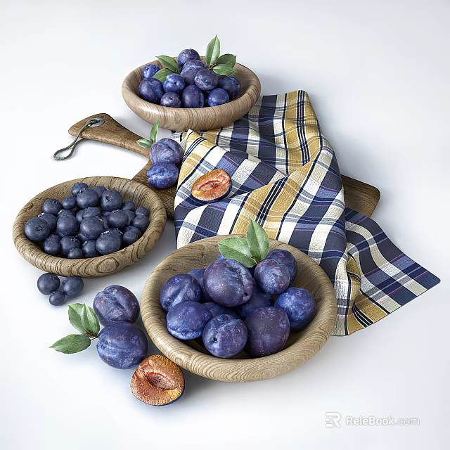 Fresh Purple Plums in Wooden Bowls with Sliced Plum Green Leaves and Plaid Cloth 3d model 