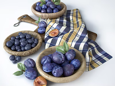 Fresh Purple Plums in Wooden Bowls with Sliced Plum Green Leaves and Plaid Cloth 3d model