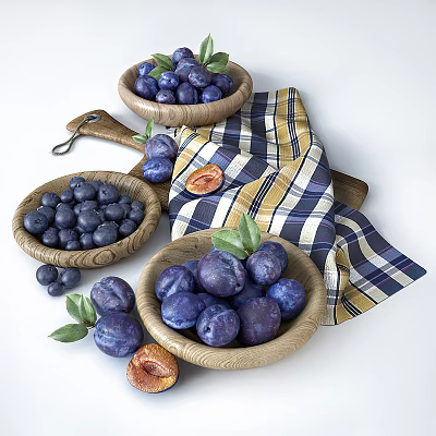 Fresh Purple Plums in Wooden Bowls with Sliced Plum Green Leaves and Plaid Cloth 3d model Fresh Purple Plums in Wooden Bowls with Sliced Plum Green Leaves and Plaid Cloth 3d model