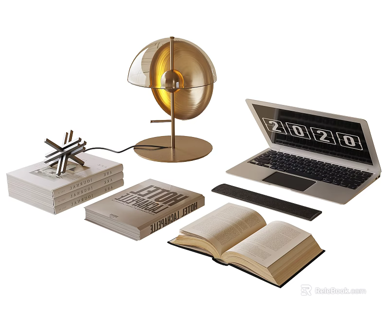 Decorative Ornament Set with Gold Lamp Laptop Stacked Open Books Crossed Pens Black Mouse Pad 3d model 