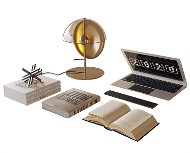 Desk Ornaments Combination Desk Ornaments Laptop Lamp Books 3d model