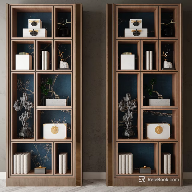 Elegant Wooden Shelving Unit Featuring Decorative Items Plants Books and Storage Boxes 3d model 