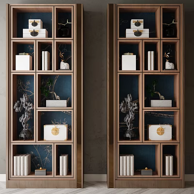 Elegant Wooden Shelving Unit Featuring Decorative Items Plants Books and Storage Boxes 3d model