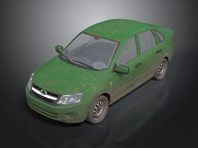 Old Green Sedan Car Featuring Worn Exterior And Dusty Body 3d model