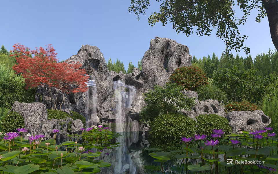 Garden Ornament Featuring Rockery Waterfall Purple Lotus Flowers Lily Pads Red Maple Greenery And Pond 3d model 