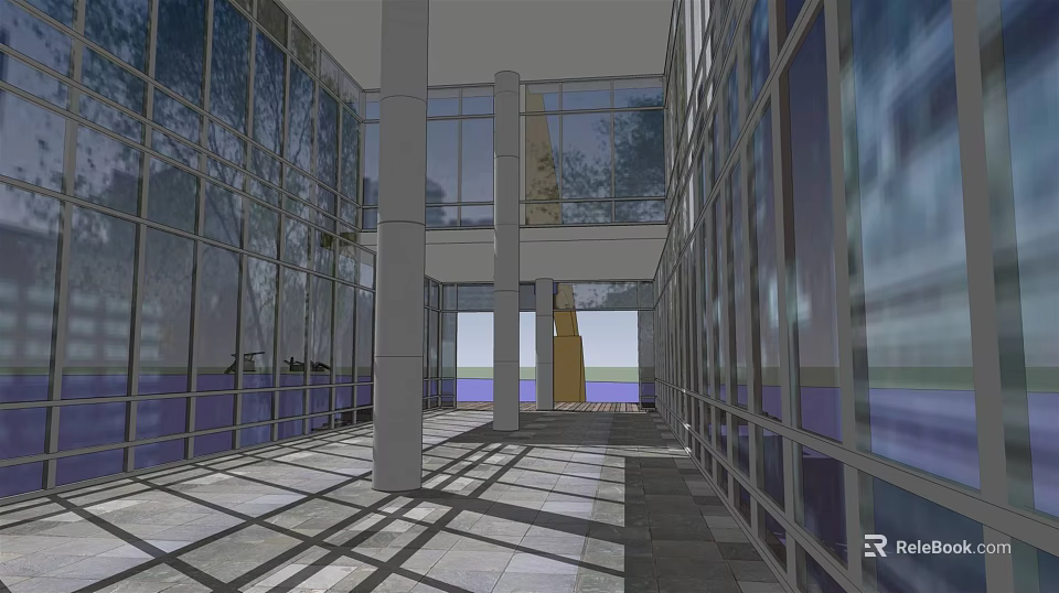 Modern Architectural Interior With Glass Walls Columns Natural Light Shadows And Outdoor View Sculpture 3d model 