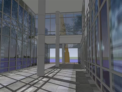 Modern Architectural Interior With Glass Walls Columns Natural Light Shadows And Outdoor View Sculpture 3d model