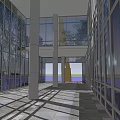 Modern Architectural Interior With Glass Walls Columns Natural Light Shadows And Outdoor View Sculpture