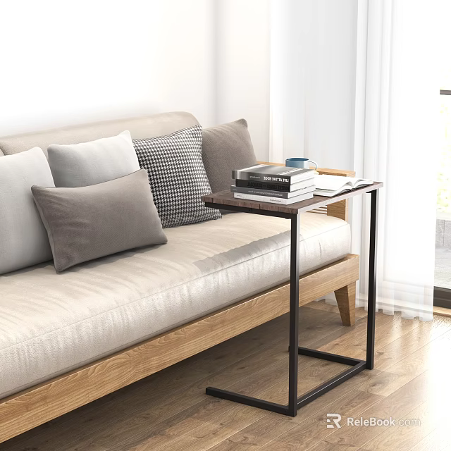 Stylish Side Table with Wooden Top Metal Frame Next to Sofa Pillows Books and Cup 3d model 