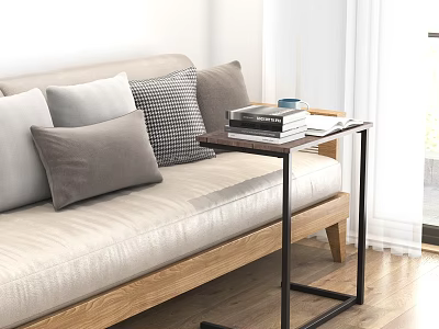 Stylish Side Table with Wooden Top Metal Frame Next to Sofa Pillows Books and Cup 3d model