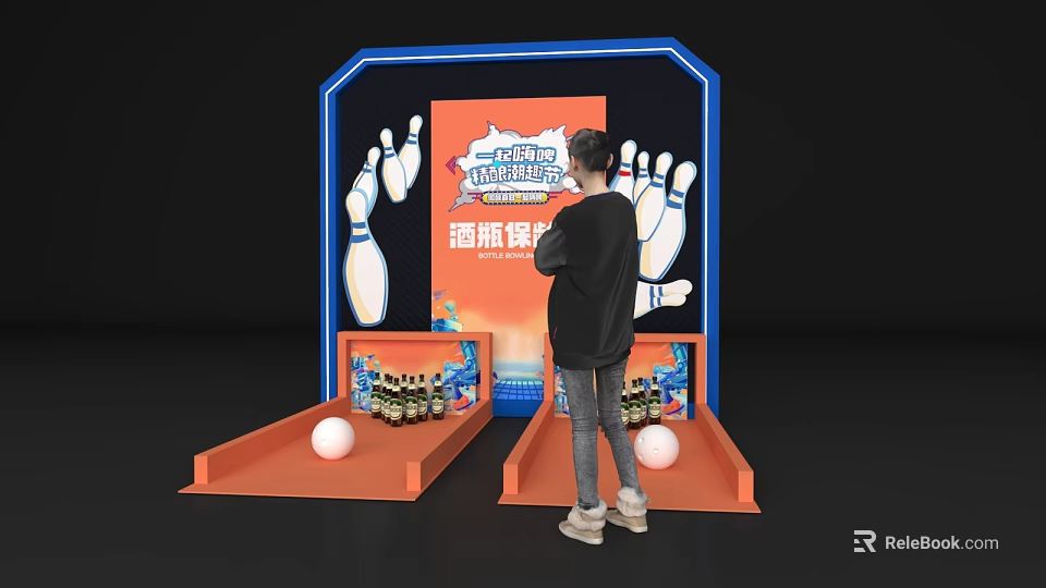 Interactive Bowling Game Zone With Pins Lanes Drinks And People Playing 3d model 