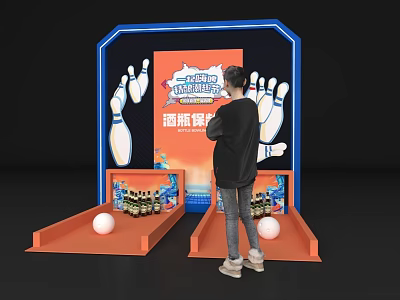Interactive Bowling Game Zone With Pins Lanes Drinks And People Playing 3d model