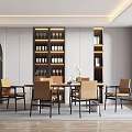 Modern Restaurant Interior With Open Layout Dining Table Chairs And Glass Wine Cabinets 3d model