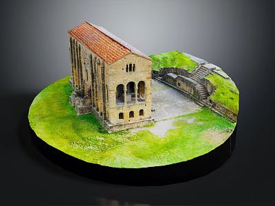 Cartoon Scenery Featuring Brown Building Red Roof Arched Windows Green Grass Stone Steps Circular Base 3d model