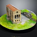 Cartoon Scenery Featuring Brown Building Red Roof Arched Windows Green Grass Stone Steps Circular Base
