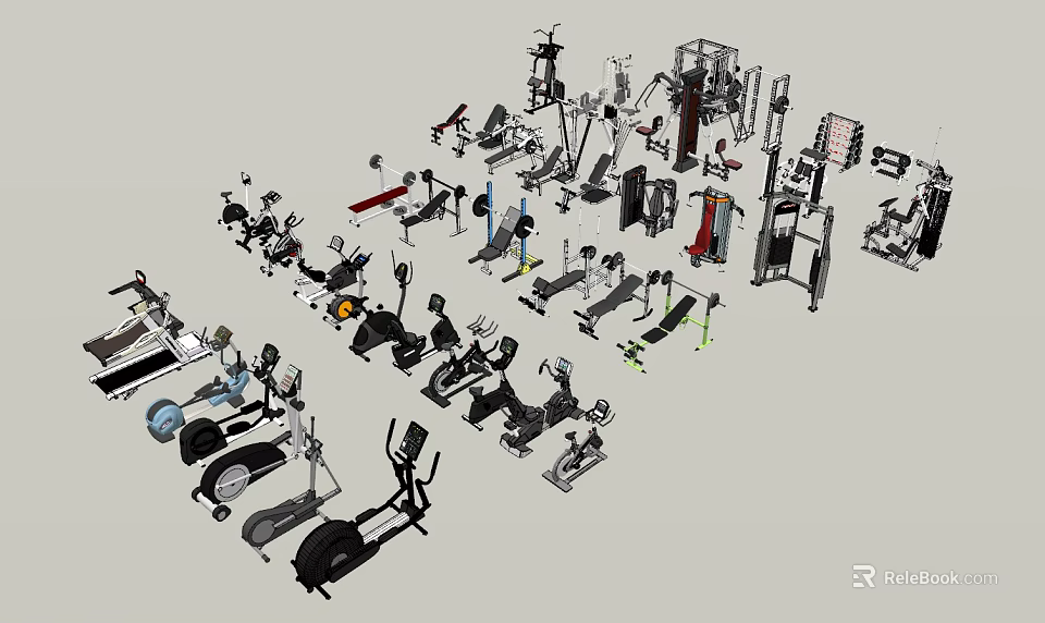 Diverse Sports Equipment Collection Including Treadmills Exercise Bikes Dumbbells And Strength Machines 3d model 