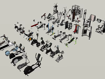Diverse Sports Equipment Collection Including Treadmills Exercise Bikes Dumbbells And Strength Machines 3d model