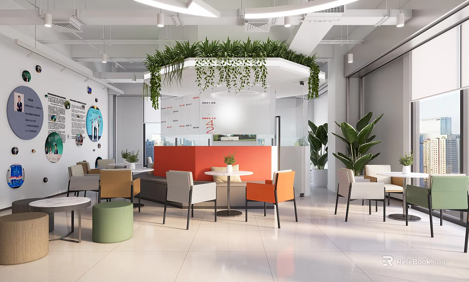 Modern Stylish Lounge Area Interior With Hanging Plants Colorful Chairs And Round Tables 3d model 