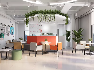 Modern Stylish Lounge Area Interior With Hanging Plants Colorful Chairs And Round Tables 3d model