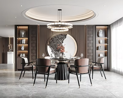 Traditional Chinese Restaurant Interior With Round Dining Table Leather Chairs Chandelier And Wooden Shelves 3d model